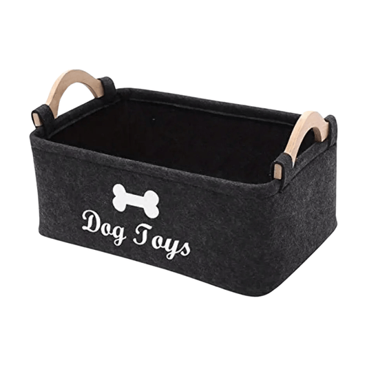 Filz - Hundespielzeugkorb Schwarz – Organizer mit Holzgriffen & Knochen - Design – Aufbewahrungsbox – MVM
