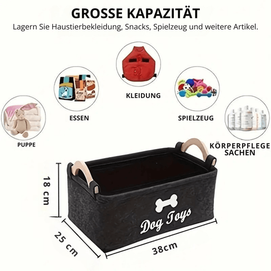 Filz - Hundespielzeugkorb Schwarz – Organizer mit Holzgriffen & Knochen - Design – Aufbewahrungsbox – MVM